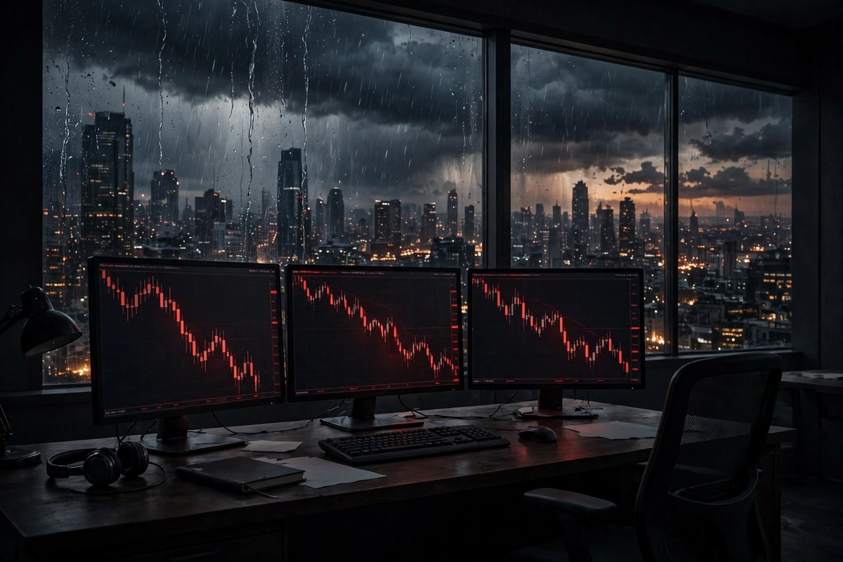 An empty trading desk with falling market charts